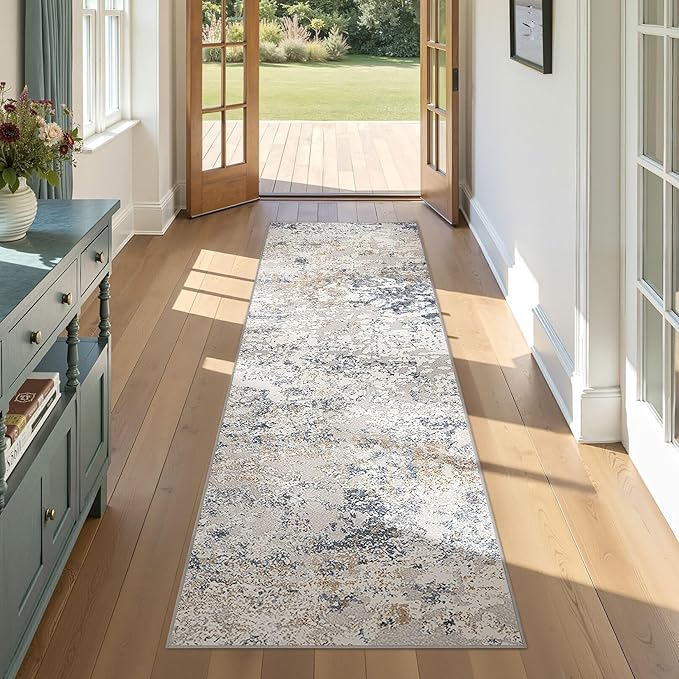 Washable Runner Rug for Hallway: 2.6x8 Neutral Modern Abstract Low Pile Area Rug with Non-Slip Backing - Carpet for Bedroom Kitchen Laundry Entryway Bathroom Indoor - Beige Blue