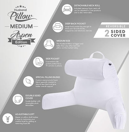 Husband Pillow Medium Aspen Edition White Dandelion, Sit Up Reading & Bed Rest with Arms, Ultra-Comfy, Detach Neck Roll - Premium Shredded Memory Foam Backrest, Reverses to Micro: Suede or Plush