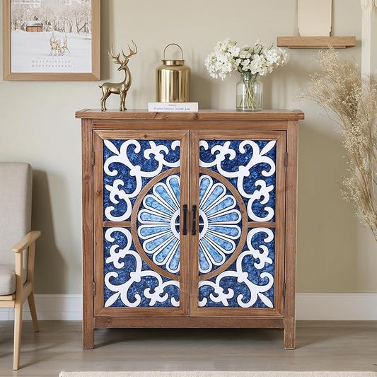 PHI VILLA Blue Accent Cabinet with Doors, Small Buffet Sideboard for Living Room Entryway Cabinet