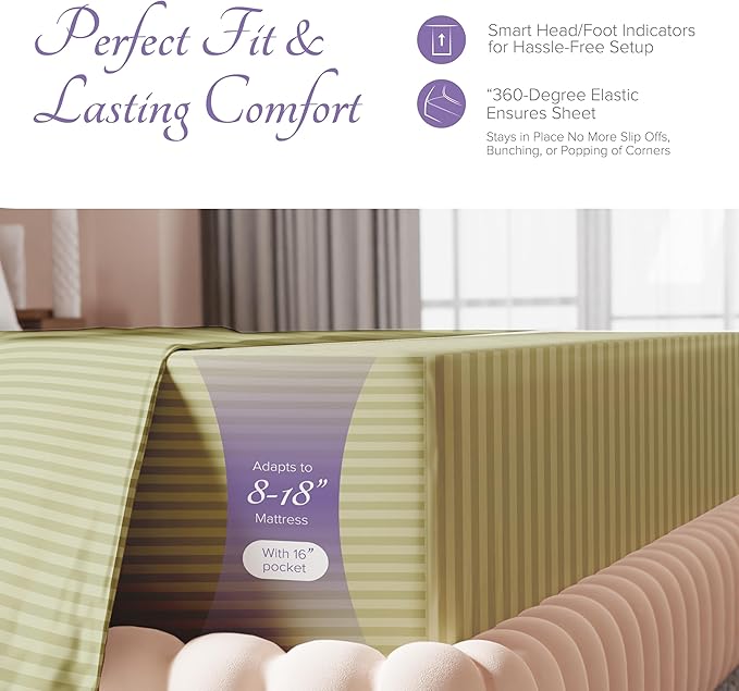 Carressa Linen Luxury Egyptian Cotton King Stripe Sheet Set - 600 Thread Count Extra Long Staple 4 PC Set, Herb Garden King Damask Sheets, Soft, Cooling Sateen Weave Sheets Upto 18 in Deep Pocket