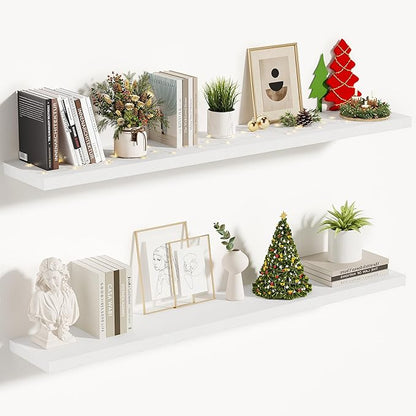 Vivelove 10 in Deep Floating Shelves for Wall, 47.2" x 10.2" x 1.5" Shelves for Room Wall Mounted, 1.5 Inch Thick Shelf for Bathroom Bedroom Kitchen Book Room, Modern Farmhouse Decor, Set of 2, White