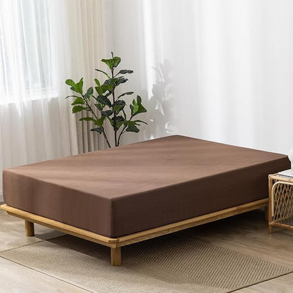 MooMee Fitted Bottom Sheet Only 100% Washed Cotton Linen Like Textured Breathable Durable Soft Comfy Deep Pocket Fits Mattress up to 17" (Cocoa Brown, Twin)