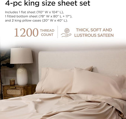 Threadmill Luxury Supima Cotton Sheets, 1200 Thread Count Soft 100% Cotton Sheets for King Size Bed, 4 Pc Beige King Bed Sheets Set, 5-Star Hotel Quality with Elasticized Deep Pocket King Sheets