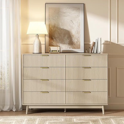 CARPETNAL Fluted 8 Drawer Dresser for Bedroom, 55" Wide Wooden Chest of Drawers with Rounded Corners, Gold Handles, Modern Storage Organizer for Bedroom, Hallway(Beige)