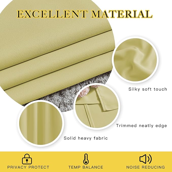 NICETOWN Bedroom Room Darkening 110 inch Curtains for Sliding Glass Door, Grommet Thermal Insulated Solid Window Treatments Sound Reducing for Living Room, W66 x L110, Paler Yellow, Set of 2