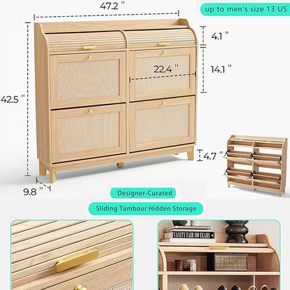 LINSY Shoe Storage Cabinet, Rattan Shoe Cabinet Wood Shoes Rack Cabinets with Sliding Tambour Door, Large Flip Drawer Shoe Cabinet Boho Hidden Shoe Storage for Entryway, Front Door, Hallway, Oak