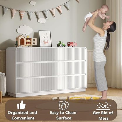 Dresser for Bedroom with 9 Drawers, Fluted Chest of Drawers with Round Curved Corner, Hidden Handles, Modern Wood Storage Organizer for Bedroom, Nursery, Living Room