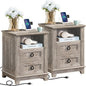 18" Farmhouse Night Stands Set of 2 with Charging Station, 2 Drawers End Table Dresser for Bedroom, Oak Wooden Nightstand, Bed Side Table with Open Shelf, Bedside Cabinet for Living Room