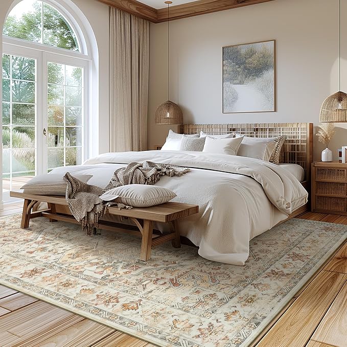 zesthome 5x7 Washable Rug-Stain Resistant Area Rugs for Living Room, Ultra-Thin Vintage Rugs, Non-Slip Backing Rug, Low Pile Large Area Rug, Boho Home Decor