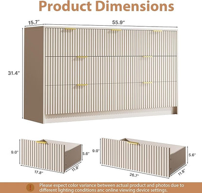 Beige 7 Drawer Dresser for Bedroom, 55.9" Wide Modern Fluted Dresser with Gold Metal Handles, Wide Chest of Drawers for Bedroom, Living Room, Entryway, Hallway