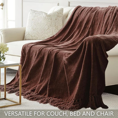 Chenille Throw Blanket for Couch 60"X 80" Twin, Soft Cozy Throws with Fringe Tassel for Bed Sofa Chair Cover, Lightweight Knitted Decorative Boho Blankets for Living Room, Dark Brown