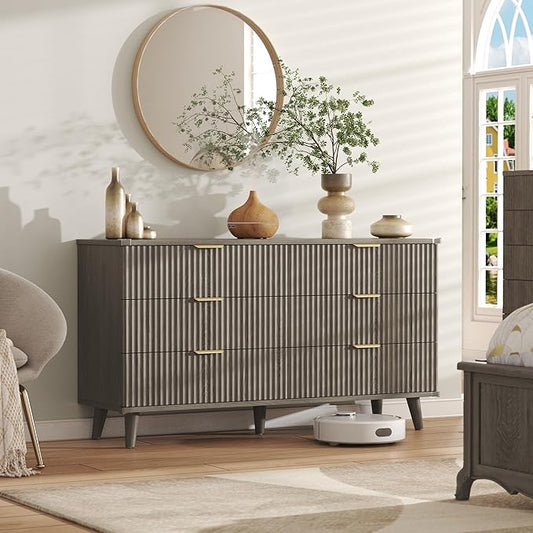 Lulive Wood Dresser for Bedroom with 6 Drawers, 53.2" Long Fluted Modern Chest of Drawers Storage Organizer, Dressers TV Stand for Living Room, Closet, Hallway (Dark Grey Oak)