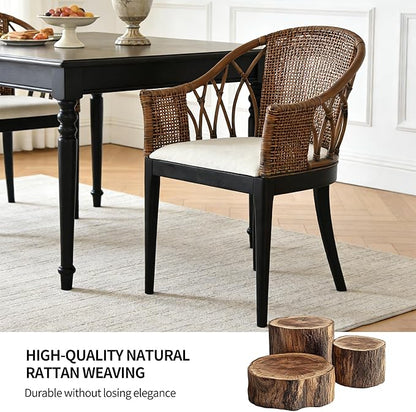 DUHOME Wood Rattan Arm Accent Chair Natural Wash/White Cushion Side Armchair Gianni Brown & Black Solid Living Room Chair for Dining Room Bedroom Office Foyer Arm Chair