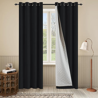 Soundproof 3 Layers Heavy Curtains Full Blackout Thermal Insulating Curtains for Bedroom Living Room (Black, 1 Panel 50x96 Inch)