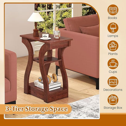 Giantex Narrow End Tables with Charging Station Set of 2, Wood Sofa Side Tables with Open Storage Shelves, Bedside Tables with USB Ports & Outlets, Vintage Nightstands for Living Room, Bedroom, Cherry