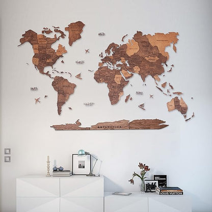 Handmade 3D Wood World Map Wall Art Large Wall Decor Track Your World Travels - Special for Home, Kitchen and Office (X-Large, Oak)