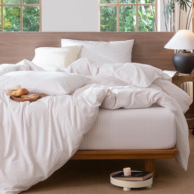 MooMee Striped Duvet Cover Set 100% Washed Cotton Linen Like Textured Breathable Durable Soft Comfy (White Heathered Greyish Pink Wide Stripes, Palatial King/Oversized King 120"x98")