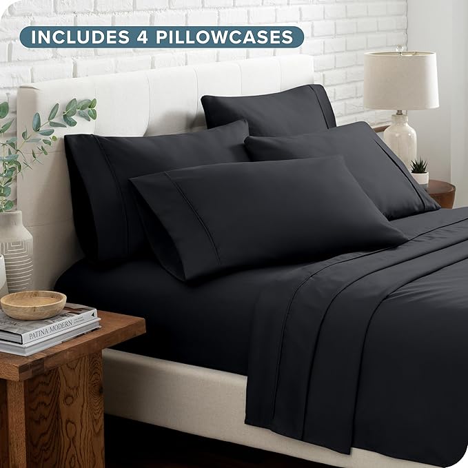 Bare Home Hotel Luxury Split King Sheet Set, Extra Soft - 7 Piece Set - Deep Pockets - Easy Fit - Cooling & Breathable - Wrinkle, Fade, Stain Resistant - Includes 4 Pillowcases (Split King, Black)