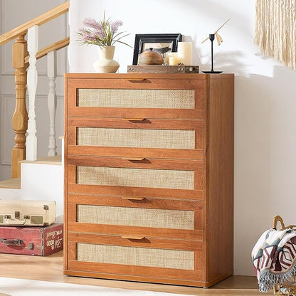 LEYAOYAO Dresser for Bedroom, 41" Tall Chest of Drawers, Modern 5 Drawers Boho Rattan Dressers with Storage, Dresser Wooden Closet Organizer for Living Room, Hallway, Tea Brown