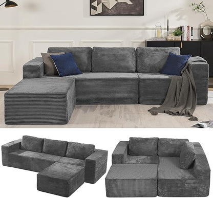 106" 3-Seater Sofa, Cloud Modular Sofa with Certified Foam, Upholstered Floor Sofa with Deep Seat, Upholstered Sofa for Bedroom Living Room, No Assembly Required (Plush Corduroy Fabric, Grey)