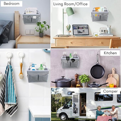 Kanrichu 3pcs Middle Wall Hanging Organizer Bag, Linen Fabric Door Hanging Storage Basket with Pockets, Waterproof Bin for Kitchen, Bedroom, Office, RV Camper (Gray)