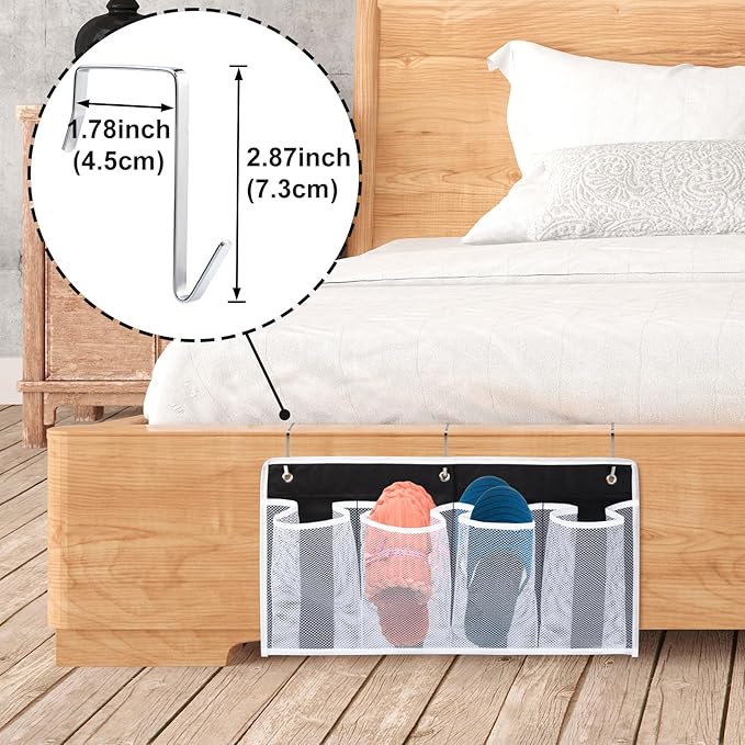 Bed Hanging Shoe Organizers with 3pcs Hooks, 4 Mesh Pocket Bedside Hanging Shoes Holder, Behind Door Storage Pockets for RV Dorm Entryway Bedroom Closet