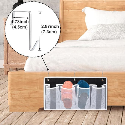 Bed Hanging Shoe Organizers with 3pcs Hooks, 4 Mesh Pocket Bedside Hanging Shoes Holder, Behind Door Storage Pockets for RV Dorm Entryway Bedroom Closet
