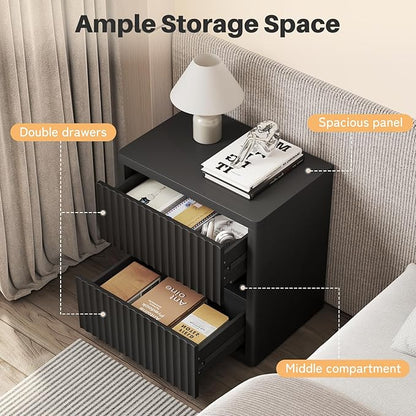 Dripex Fluted Nightstand with 2 Drawers, Large Wide Wood Night Stand Bedside Tables for Bedroom, Mid-Century Modern Storage Bed Side Table, End Tables for Living Room Sofa Couch, Black, Set of 1