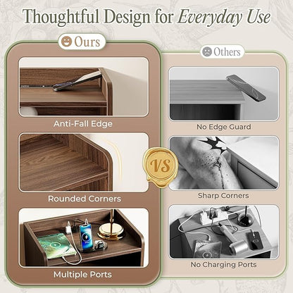 Huuger Nightstand with Charging Station, USB-C Port, Fluted Night Stand with Drawer, Bed Side Table with Solid Wood Feet, Open Storage, End Table with Raised Edge, for Bedroom, Walnut
