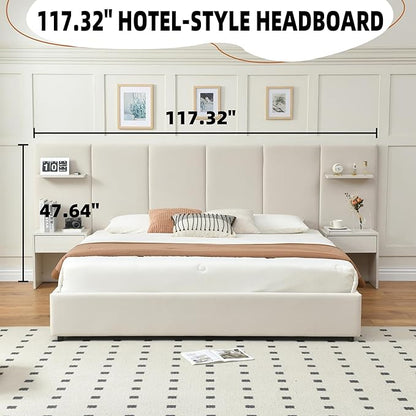 King Bed Frame with Storage & Built-in Nightstands, Velvet Upholstered Platform Bed Frame with Drawers & 2 Floating Storage Shelves, Noise-Free, No Box Spring Needed, Easy Assembly, Beige