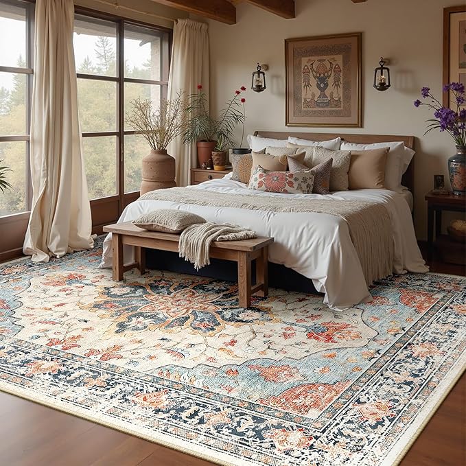 Area Rugs 7'x9' Washable Non-Slip, Floral Vintage Distress Print Pattern Medallion Carpet for Living Room Bedroom Dining Room, Beige Navy Blue Orange Colorful