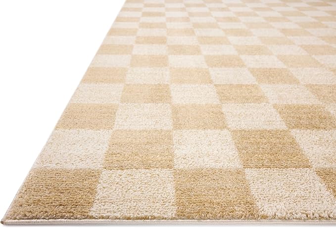 Loloi Chris Loves Julia Calvin Collection CLV-01 Wheat/Ivory 5'-3" x 5'-3" Round Area Rug Checkered Neutral Soft Living Room Bedroom Carpet