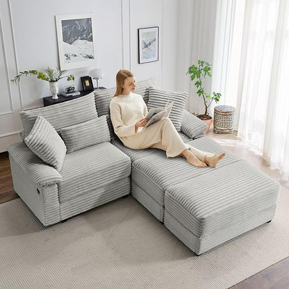 SUNWAVE 74" Double Chaise Lounge Chair Indoor, Oversized Loveseat with Removeable Ottoman, Corduroy Couch with USB Charging, Storage Ottoman, and Coffee Table Cushions for Living Room (2 Chaise Gray)