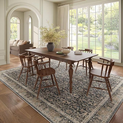 Washable 8x10 Area Rugs for Living Room, Boho Non-Slip Vintage Distress Large Rugs for Bedroom Dining Room Nursery Office, 0.3" Neutral Oriental Throw Thin Carpet, Black/Brown/Blue/Multi