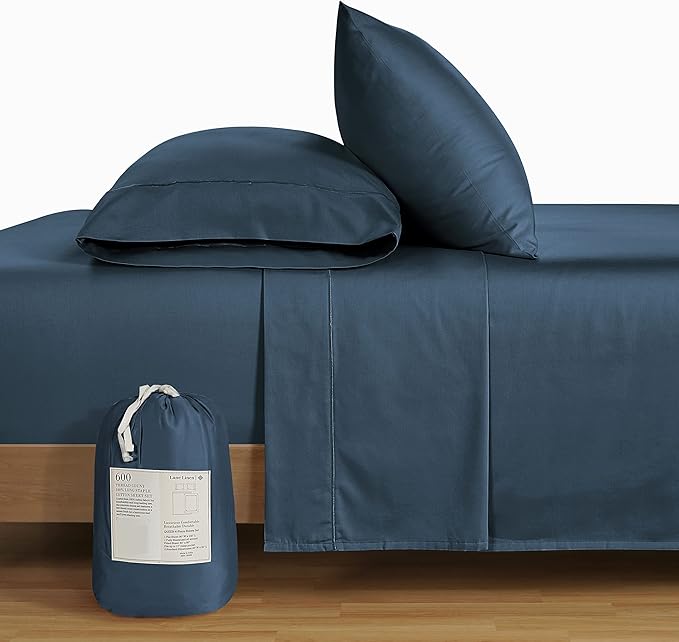 LANE LINEN 600 Thread Count 100% Mercerized Cotton Twin Sheets Set, Machine Wash, Mercerized Cotton for Sily Finish, Soft & Comfy Fully Elasticized Sheets Twin Size Bed Set, Sateen Weave - Dark Denim
