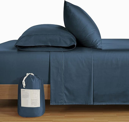 LANE LINEN 600 Thread Count 100% Mercerized Cotton Twin Sheets Set, Machine Wash, Mercerized Cotton for Sily Finish, Soft & Comfy Fully Elasticized Sheets Twin Size Bed Set, Sateen Weave - Dark Denim