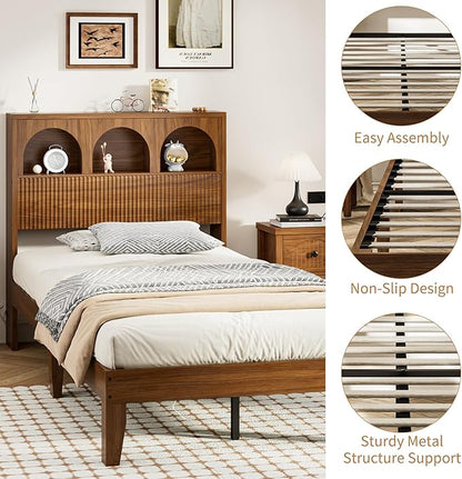 Twin Bed Frame with Wave Headboard, Wooden Headboard with 3 Arched Storage Compartments, Platform Bed with Wood and Metal Slats, No Box Spring Needed, No Noise (Twin-Walnut)