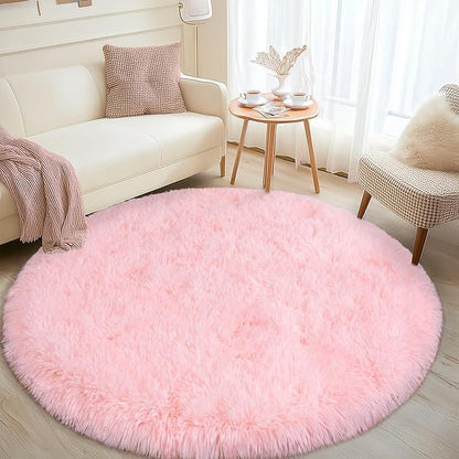 Round Fluffy Pink Rug for Bedroom, 4Ft Fuzzy Shag Circle Area Rug for Girls Kids Room Nursery, Soft Non Slip Plush Carpet for Dorm Living Room Home Decor