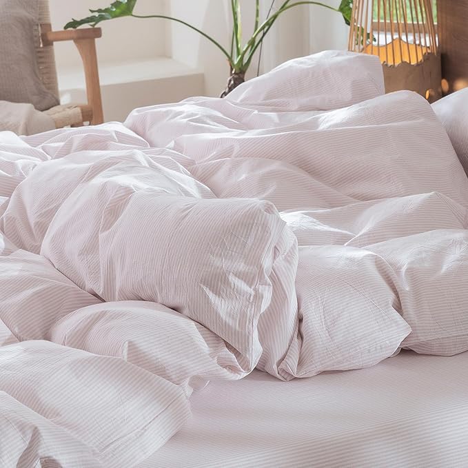 MooMee Striped Duvet Cover Set 100% Washed Cotton Linen Like Textured Breathable Durable Soft Comfy (Heathered Greyish Pink Pinstripes, Cal King 104"x98")