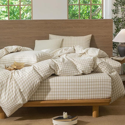 MooMee Gingham Duvet Cover Set 100% Washed Cotton Linen Like Textured Breathable Durable Soft Comfy Modern Checkered Design (Almond Milk Grey Gingham, King 104"x90")