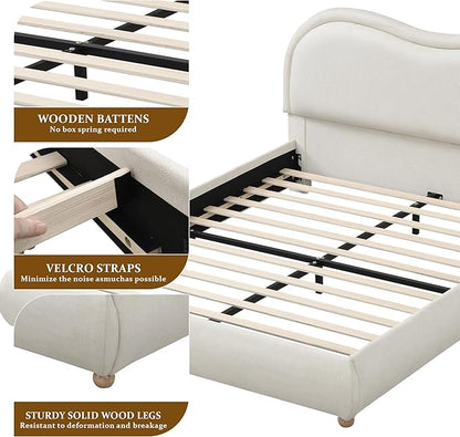 King Size Upholstered Platform Bed Frame, Modern Cloud Bedframe with Headboard, Low Profile Bed Floor Bed Frames with Soft Rounded Corners, No Box Spring Required, Easy Assembly, Chenille Cream