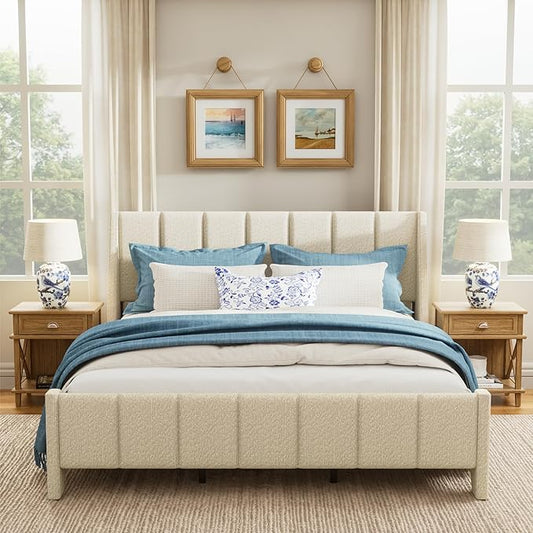 Brafab Queen Boucle Upholstered Bed Frame with Wingback Headboard, No Box Spring Needed, Easy Assembly, Platform Bed with Wooden Slats, Beige(Queen (U.S. Standard))