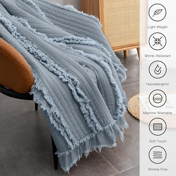 Ultra Soft Pre-Washed Quilted Boho Dark Blue King Size Blankets for Bed, Ruffle Fringed Decorative Throw, Stone Washed Chic Rustic Blanket for Sofa Couch Bed, 104"*90"