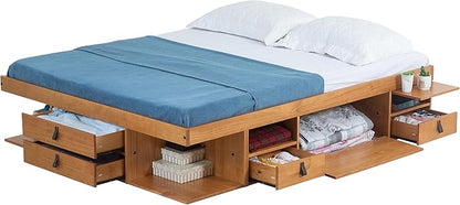 memomad Bali Storage Platform Bed with Drawers (Full Size, Oak Brown Wood)