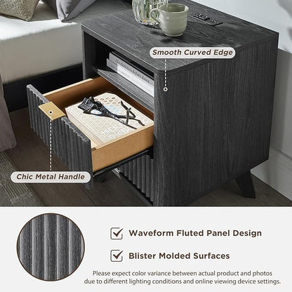 T4TREAM Fluted Nightstand with Charging Station, 18" Modern Side Table, 2 Drawers End Table with Storage, Bedside Table for Bedroom, Living Room, Curved Profile Design, Dark Alder