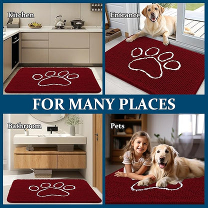 OLANLY Dog Door Mat for Muddy Paws 48x30, Paw Print Design, Absorbs Moisture and Dirt, Absorbent Non-Slip Washable Doormat, Quick Dry Chenille Mud Mat for Dogs, Entry Indoor Entryway Carpet, Red