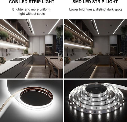 COB LED Strip 5m,16.4ft LED Strip Lights,Touch Dimmable LED Strips,CRI90+,6000K Daylight White LED Tape Lights,1600LEDs,24V cob led,Indoor for Bedroom,Kitchen,TV,Mirror,Cabinet