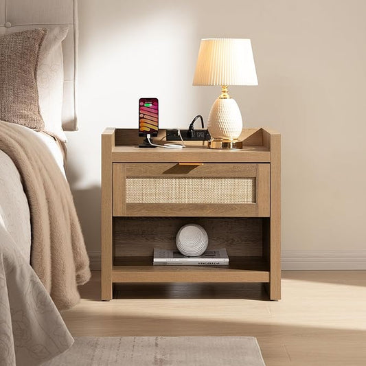 SICOTAS Night Stand Bed Side Table - Rattan Nightstand with Type-C Charging Station,Drawer Storage End Table - Boho Bedside Night Stands for Bedroom - Natural Oak