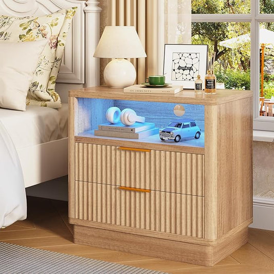 ELYKEN Wood Fluted Nightstand with Charging Station & LED Light, 24" Wide Night Stand for Bedroom, LED 2 Drawer Bedside Table with Power Outlet