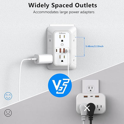 2 Pack Outlet Extender Surge Protector, 6 Outlet Splitter with 4 USB Outlet (2 USB A,2 USB C), 3Sided Power Strip with Adapter Spaced Outlets for Home, Office, Travel(White)